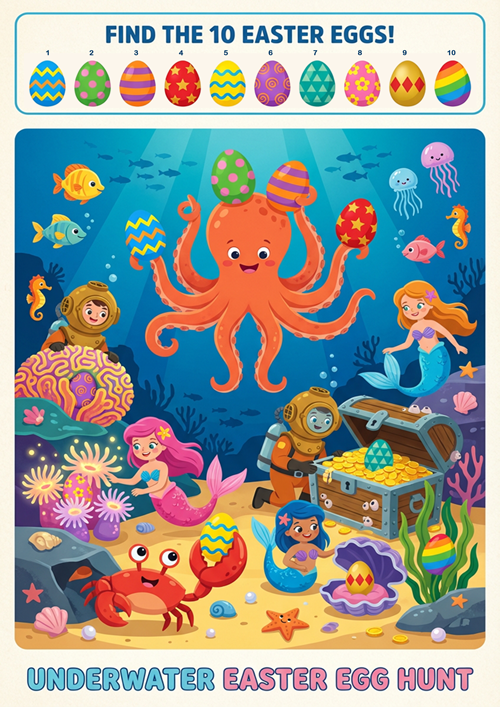 Printable Underwater Easter Egg Hunt worksheet for kids. Students find and match 10 hidden Easter eggs in a colorful ocean scene. Fun ESL classroom activity.
