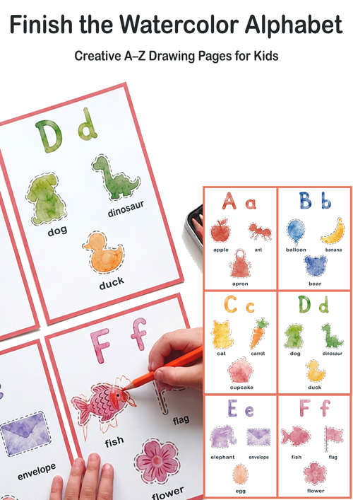 Beautiful watercolor alphabet flashcards A–Z for ESL kids. Uppercase & lowercase letters with vocabulary illustrations. Printable PDF — ready to use in preschool, kindergarten or homeschool.