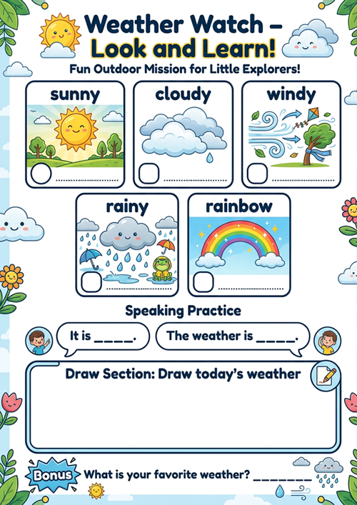 Teach kids weather vocabulary with this fun outdoor ESL worksheet. Includes visual learning, speaking practice, and drawing activities.