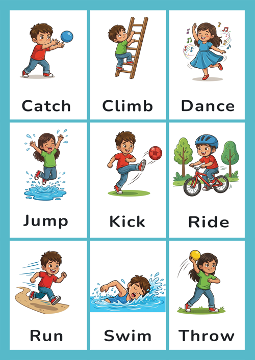 Free Printable Action Verbs Flashcards — Movement and Sports (Set 1 of 5)