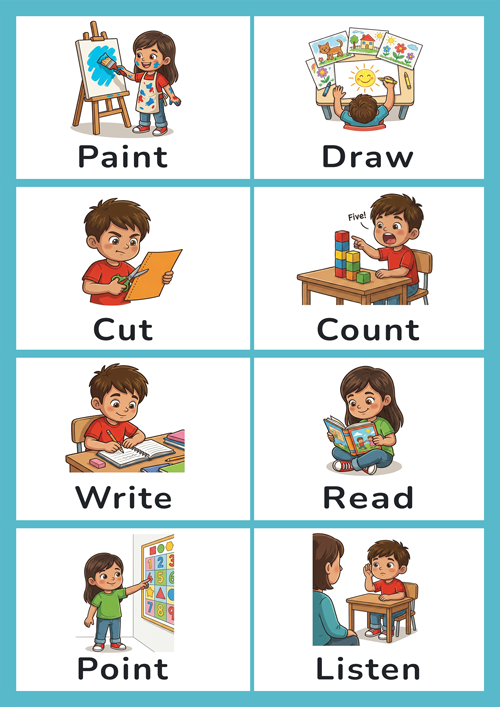 Free Printable Action Verbs Flashcards — School and Learning (Set 3 of 5)