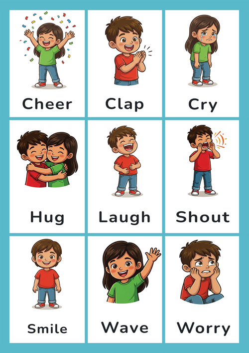 Free Printable Action Verbs Flashcards — Emotions and Expressions (Set 4 of 5)