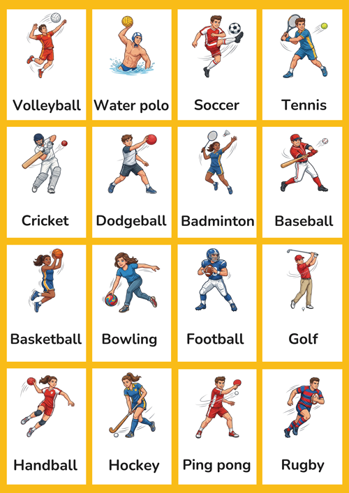 A detailed set of 16 printable ball sports flashcards for preschool and kindergarten ESL learners. Features realistic illustrations of soccer, basketball, baseball, football, volleyball, tennis, ping pong, badminton, golf, bowling, rugby, hockey, cricket, dodgeball, handball and water polo. Perfect for building sports vocabulary in the classroom.
