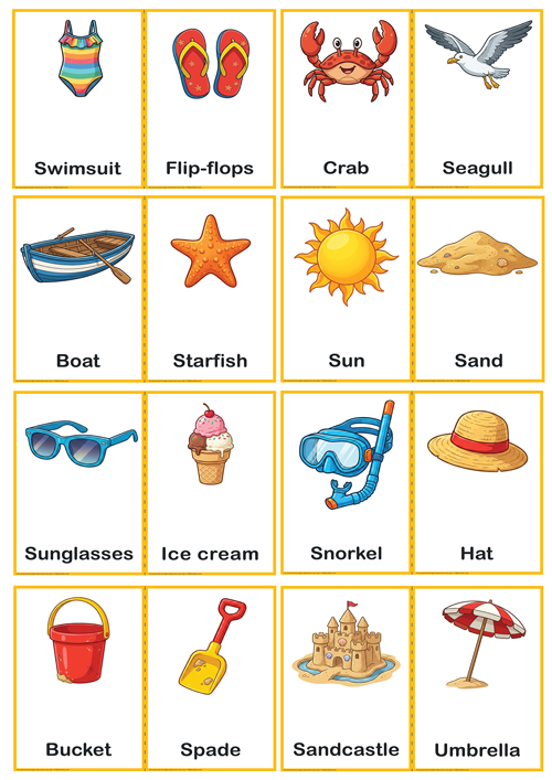 Bright and colorful Beach Flashcards for kids! Perfect for ESL and EFL classrooms. 29 flashcards covering beach vocabulary — animals, clothing, nature, and more.
