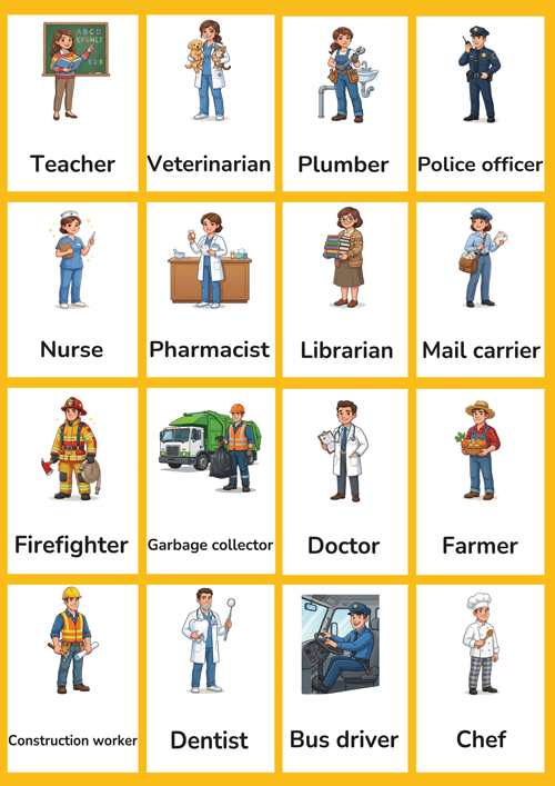 A detailed set of 16 printable community helpers flashcards for preschool and kindergarten ESL learners. Features realistic illustrations of teacher, doctor, nurse, firefighter, police officer, mail carrier, chef, farmer, dentist, veterinarian, librarian, pharmacist, bus driver, garbage collector, construction worker and plumber. Perfect for teaching about people who help our community.