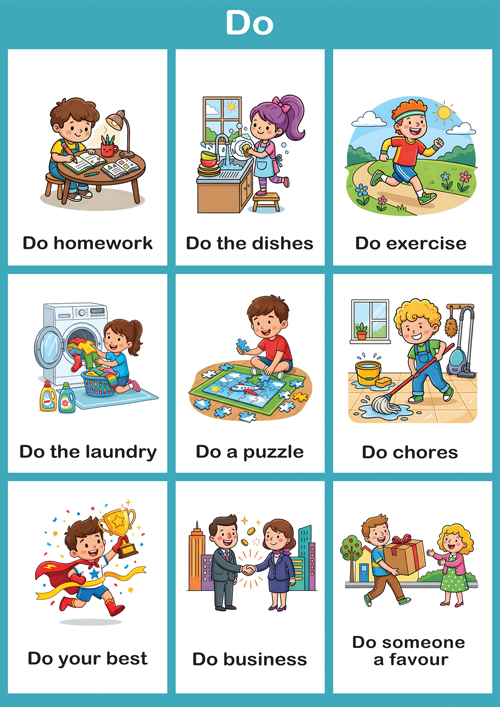 Educational poster titled 'Do' for ESL learning, featuring a 3x3 grid of colorful cartoon illustrations demonstrating common English phrases using the verb 'do'. Top row: A boy sitting at a desk writing, labeled 'Do homework'; a girl washing plates at a sink, labeled 'Do the dishes'; a boy running outdoors, labeled 'Do exercise'. Middle row: A boy loading clothes into a washing machine, labeled 'Do the laundry'; a girl assembling puzzle pieces on the floor, labeled 'Do a puzzle'; a boy mopping the floor, labeled 'Do chores'. Bottom row: A superhero child holding a trophy, labeled 'Do your best'; two adults shaking hands in a cityscape, labeled 'Do business'; two children smiling while one hands a wrapped gift to the other, labeled 'Do someone a favour'
