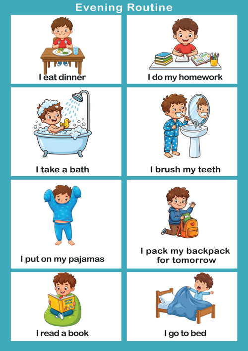 Illustrated ESL flashcards titled 'Evening Routine' showing a cartoon boy performing daily activities: I eat dinner (boy at table with food), I do my homework (boy at desk with books), I take a bath (boy in bathtub), I brush my teeth (boy at sink with toothbrush), I put on my pajamas (boy changing clothes), I pack my backpack for tomorrow (boy with school bag), I read a book (boy sitting with open book), and I go to bed (boy sleeping in bed). Designed for teaching English vocabulary to young learners.