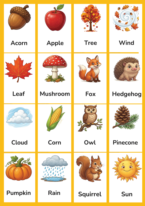 Celebrate autumn with this set of 16 bright, printable fall flashcards — perfect for teaching English vocabulary to preschool and kindergarten students.