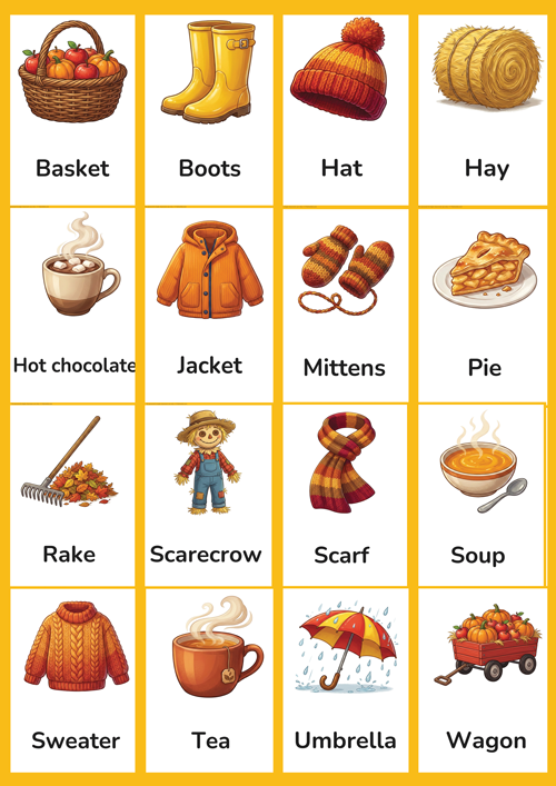 A cozy set of 16 printable fall flashcards featuring autumn clothing, food, and farm life — perfect for teaching English vocabulary to preschool and kindergarten students.