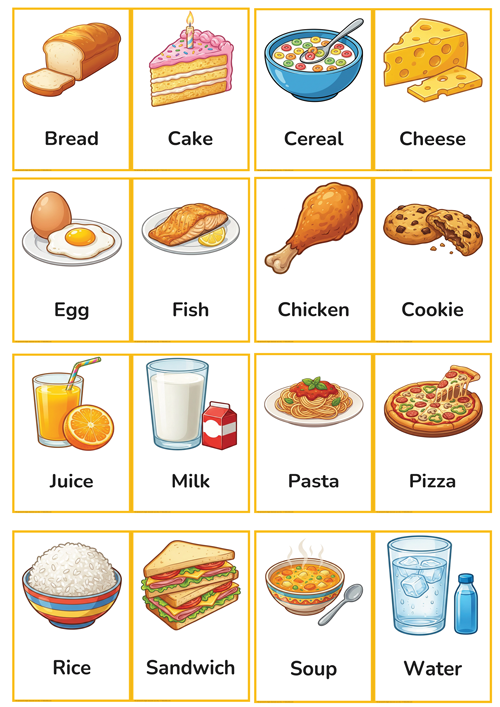 A set of 16 colorful food and drink flashcards featuring bread, cake, cereal, cheese, egg, fish, chicken, cookie, juice, milk, pasta, pizza, rice, sandwich, soup, and water. No prep — just print and use!