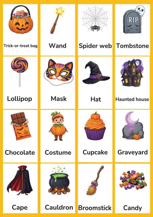 A cheerful set of 16 printable Halloween-themed flashcards for preschool and kindergarten ESL learners. Features cute non-scary illustrations of haunted house, graveyard, tombstone, cauldron, broomstick, wand, hat, cape, candy, lollipop, chocolate, cupcake, trick-or-treat bag, mask, costume and spider web. Perfect for building Halloween vocabulary in the classroom.
