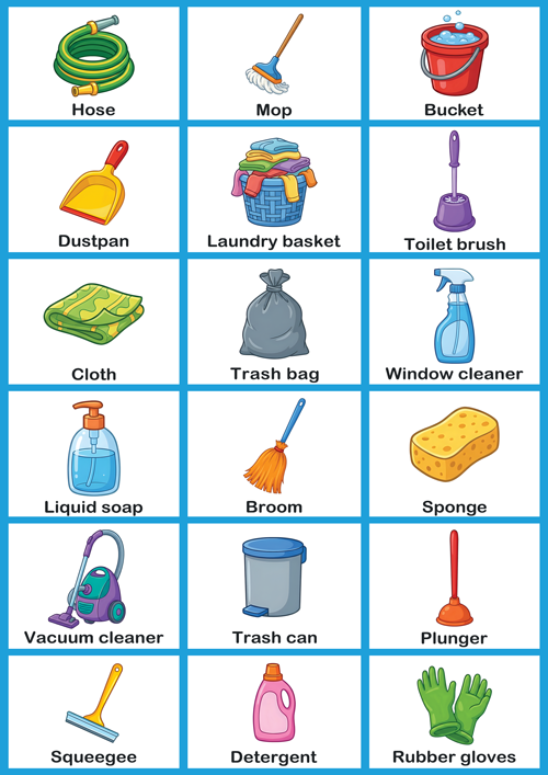 ESL flashcards showing 19 household cleaning tools and supplies with labels: hose, mop, bucket, dust pan, laundry basket, toilet brush, cloth, trash bag, window cleaner, liquid soap, broom, sponge, vacuum cleaner, trash can, plunger, squeegee, detergent, rubber gloves, scrub brush
