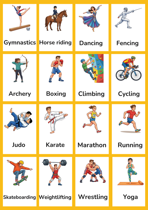 A detailed set of 16 printable individual sports and activities flashcards for preschool and kindergarten ESL learners. Features realistic illustrations of running, cycling, skateboarding, gymnastics, yoga, boxing, karate, judo, horse riding, archery, climbing, dancing, weightlifting, marathon, wrestling and fencing. Perfect for building sports vocabulary in the classroom.