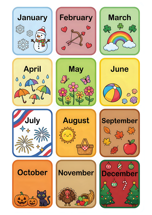 Colorful set of printable ESL flashcards teaching the months of the year, with each card displaying the month name and a thematic illustration: January with a snowman and snowflakes; February with a heart and arrow; March with a rainbow; April with an umbrella and rain; May with flowers; June with a beach ball and seashells; July with fireworks and flag colors; August with a sun and picnic basket; September with falling leaves and an apple; October with a pumpkin and black cat; November with a turkey and vegetables; December with a Christmas tree and candy cane.