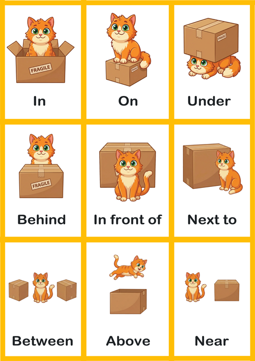 Prepositions of place flashcards for ESL teachers and parents. Teach English vocabulary in use with printable classroom-ready resources for kids.