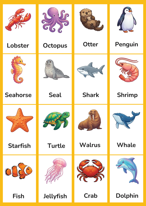 A colorful set of 16 printable ocean animal flashcards for preschool and kindergarten ESL learners. Features cute illustrations of fish, shark, whale, dolphin, octopus, jellyfish, starfish, seahorse, turtle, crab, lobster, shrimp, seal, otter, penguin and walrus. Perfect for building sea animals vocabulary in the classroom.