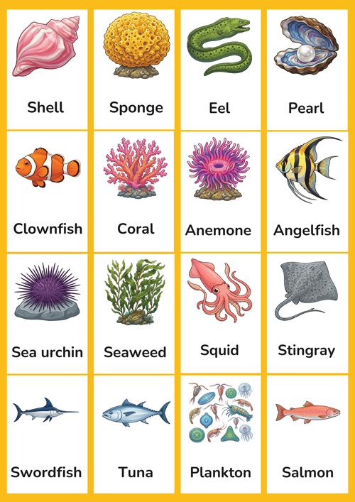 A colorful set of 16 printable sea creature flashcards for preschool and kindergarten ESL learners. Features cute illustrations of stingray, eel, squid, clownfish, swordfish, tuna, salmon, angelfish, seaweed, coral, shell, pearl, sea urchin, sponge, plankton and anemone. Perfect for building sea life vocabulary in the classroom.