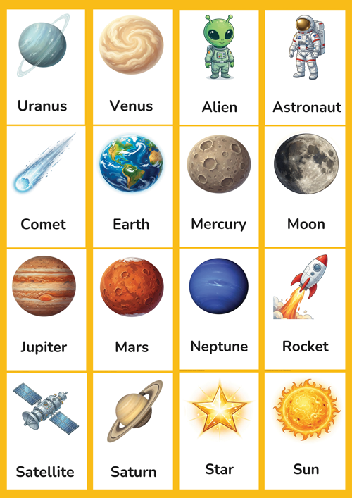 A detailed set of 16 printable space and solar system flashcards for preschool and kindergarten ESL learners. Features realistic NASA-style illustrations of the sun, moon, Earth, star, all 8 planets (Mercury, Venus, Mars, Jupiter, Saturn, Uranus, Neptune), comet, rocket, astronaut, alien and satellite. Perfect for building space vocabulary and STEM learning in the classroom.