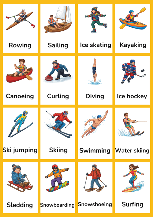 A detailed set of 16 printable water and winter sports flashcards for preschool and kindergarten ESL learners. Features realistic illustrations of swimming, surfing, diving, sailing, water skiing, canoeing, rowing, kayaking, skiing, snowboarding, ice skating, ice hockey, sledding, snowshoeing, ski jumping and curling. Perfect for building seasonal sports vocabulary in the classroom.