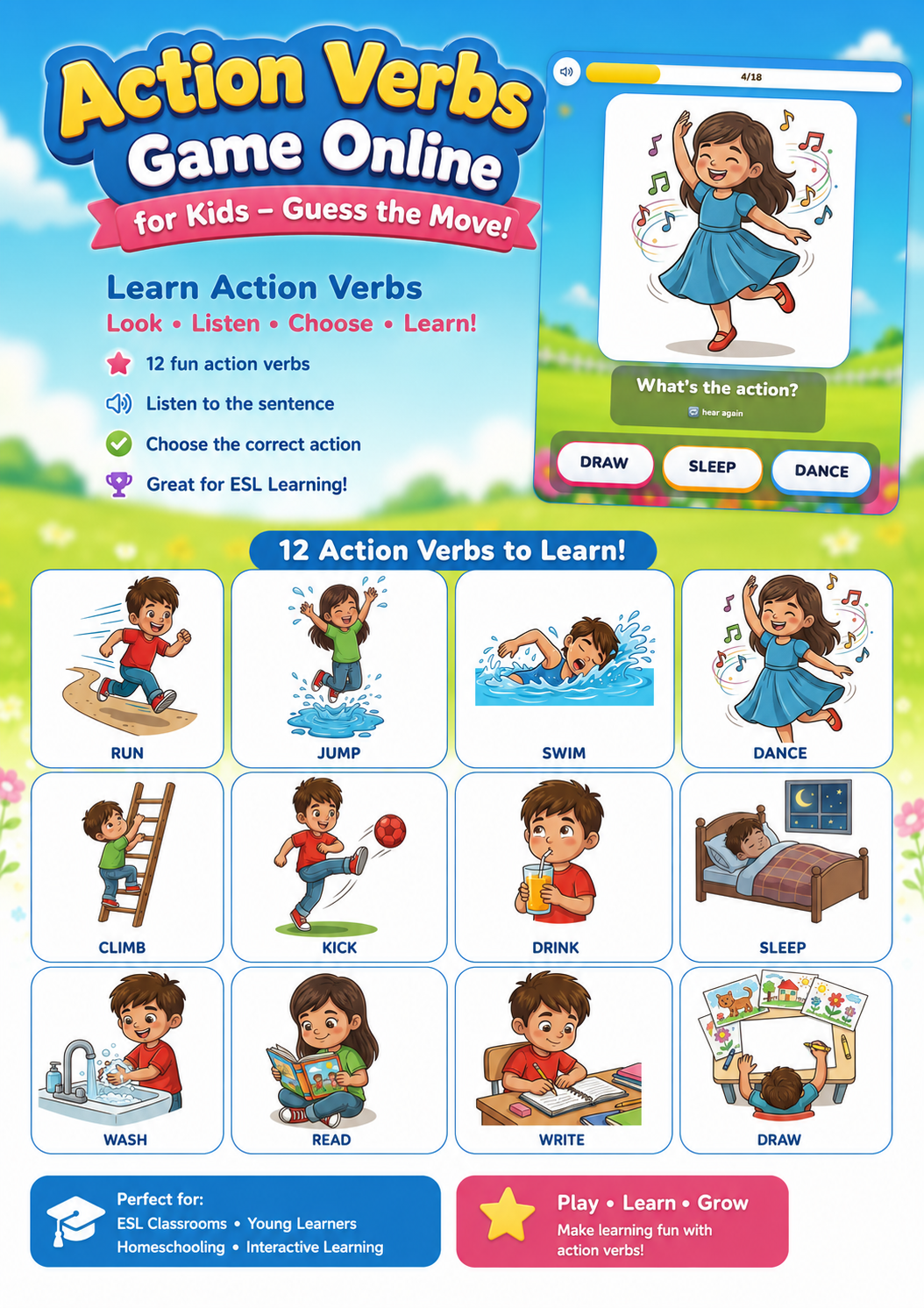 Action Verbs Game Online for Kids – Free ESL Vocabulary Game