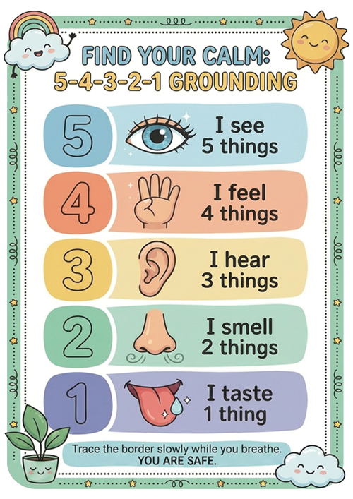 Download this engaging 5-4-3-2-1 grounding technique poster designed for kids, ESL learners, and classrooms. This printable calm down corner visual helps students manage emotions, reduce anxiety, and build mindfulness through a simple sensory activity. Ideal for teachers, counselors, and parents looking for effective social-emotional learning tools.