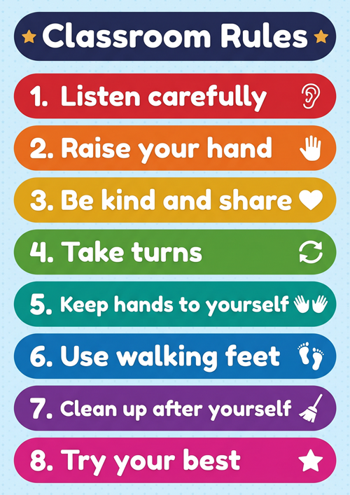 A bright and colorful Classroom Rules poster for preschool and kindergarten classrooms. Features 8 positive rules with visual icons — perfect for the first week of school and daily reminders. Available in A4, US Letter and A3 formats for easy printing and display.