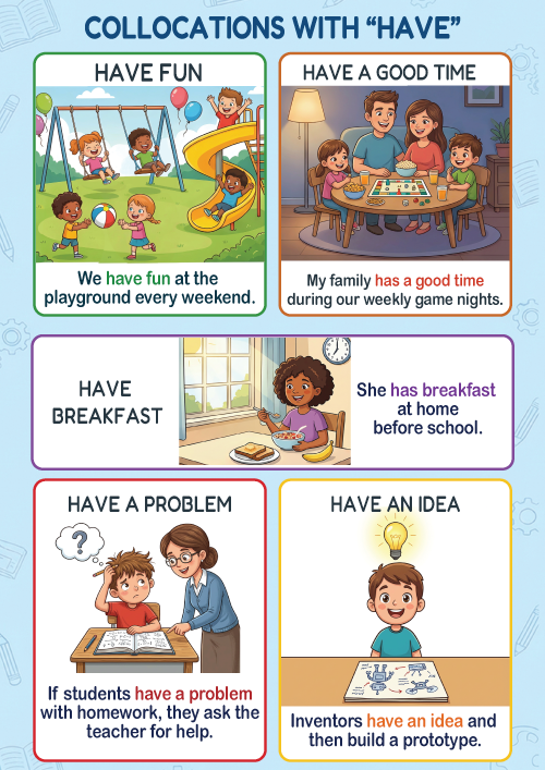 Boost your students' English fluency with this vibrant, free printable poster on collocations with 