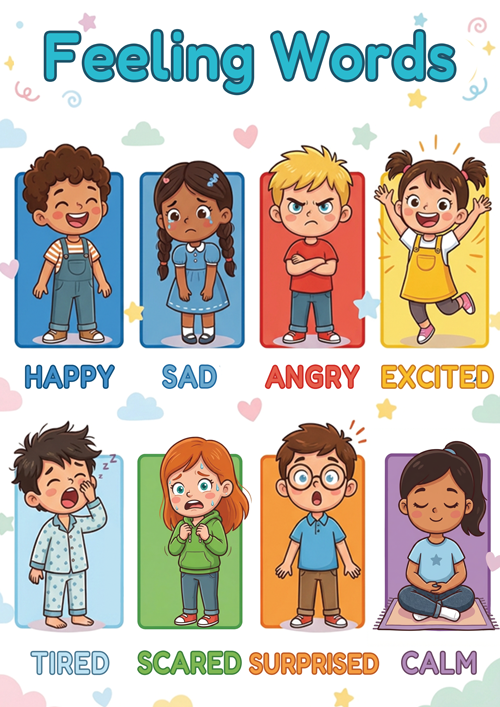This Feeling Words poster is a high-quality printable designed to help ESL learners understand and express common emotions in English. Featuring colorful illustrations and clear labels, it introduces key feeling vocabulary such as happy, sad, angry, excited, tired, scared, surprised, and calm.