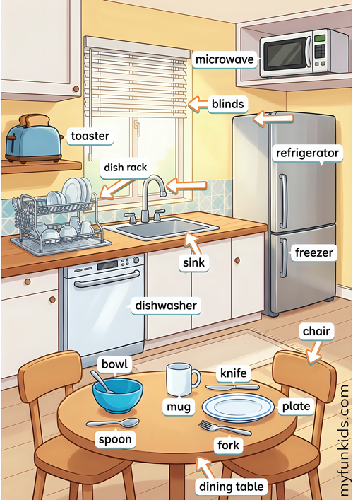 Download our free printable Kitchen Vocabulary Poster for ESL teachers! Teach essential kitchen words like microwave, sink, and utensils with engaging visuals. Perfect for flashcards, posters, and classroom activities