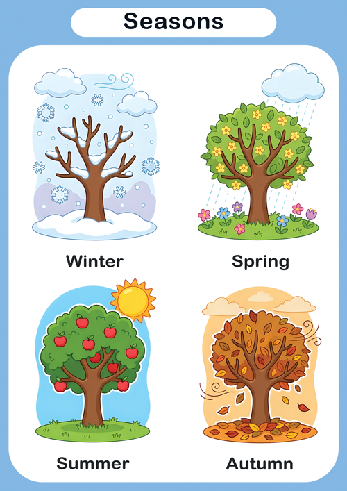 Colourful ESL “Seasons” poster with four labeled scenes: Winter (snowy bare tree), Spring (rain and flowers), Summer (sunny tree with apples), Autumn (windy tree with falling leaves).